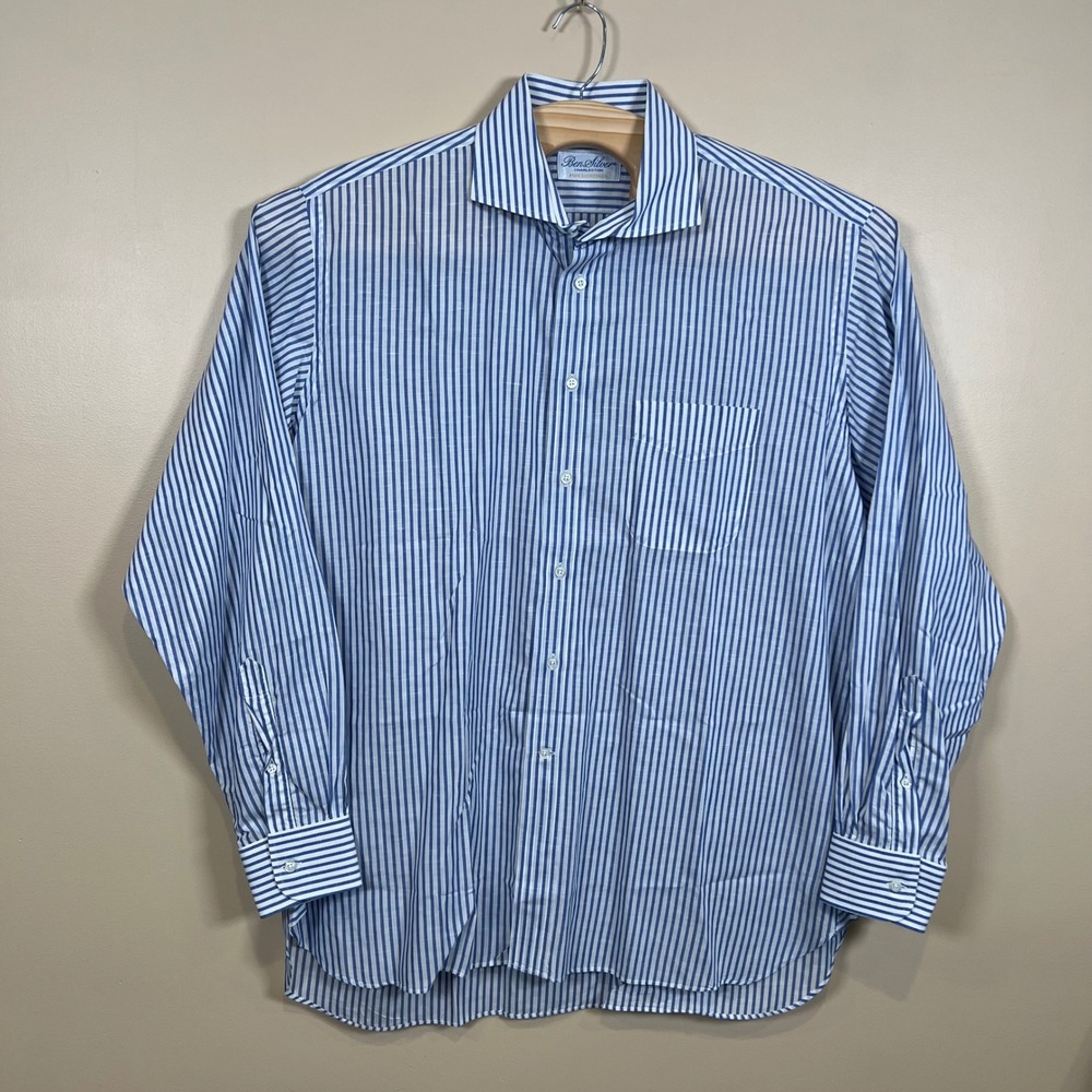 Ben Silver Fine Shirting Dress Shirt Mens 17-36 Blue Striped Cotton Linen USA
